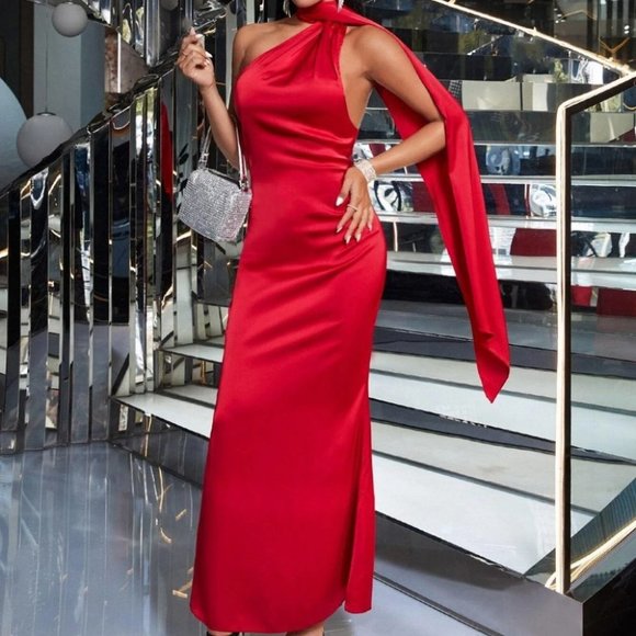 Red Womens Asymmetric Dress - Picture 3 of 4